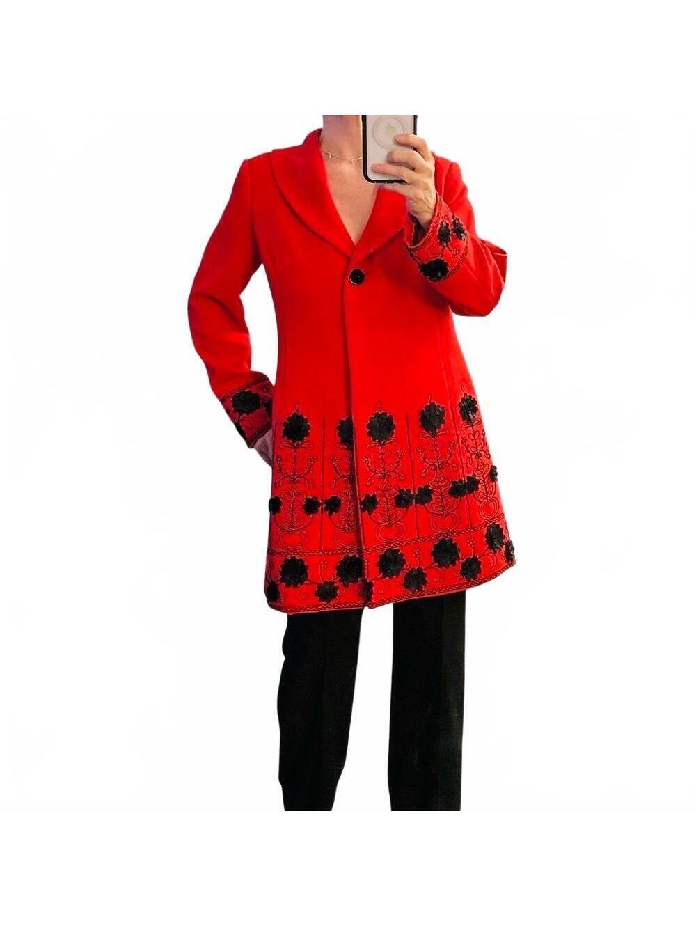 Y2K Red Floral Embroidered Black 3D Applique Scroll Single Breast Car Coat 10 L